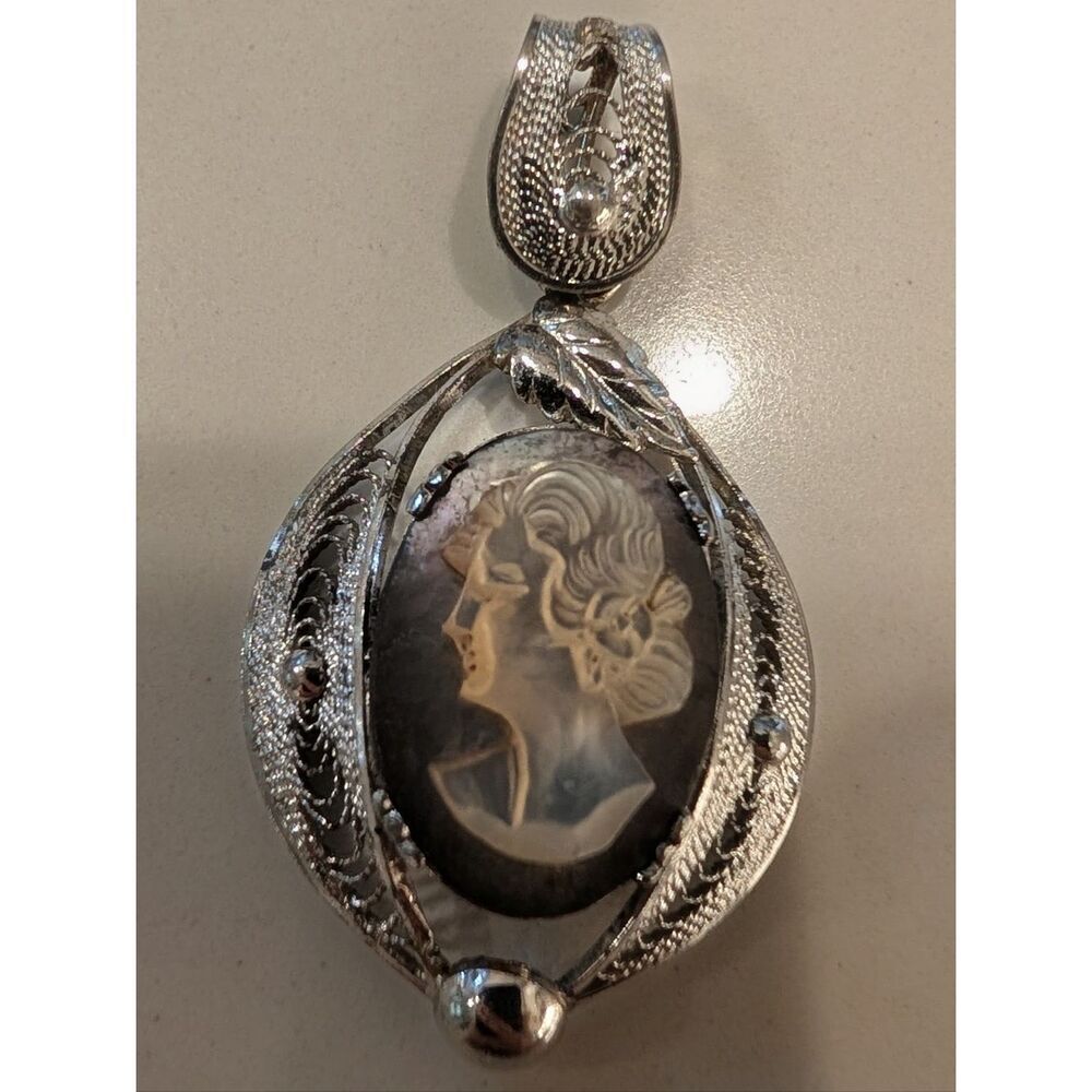 Sorrento 925 Sterling Silver Filigree Cameo Pendant Vintage Estate